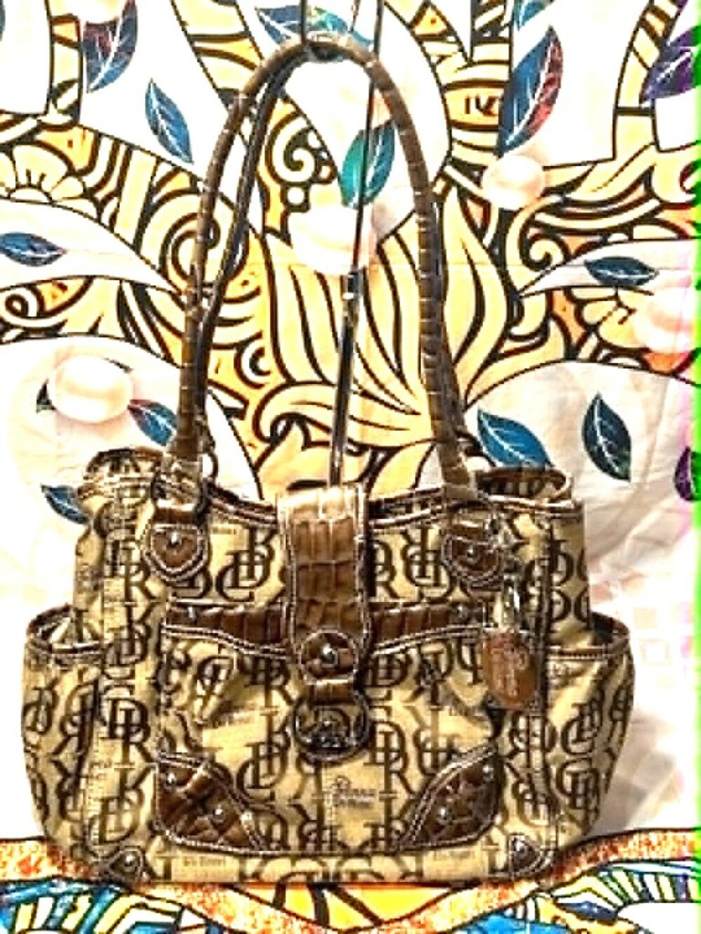 Genna De Rossi Croc‑Embossed Monogram Shoulder Bag – Brown/Tan
